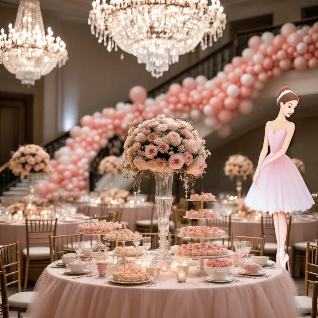 Magical Ballerina Birthday Party: The Ultimate Styling and Photography Guide An elegant indoor ballroom decorated for a grand ballerina birthday gala, featuring crystal chandeliers, blush tulle-draped tables with floral centerpieces, a sweeping staircase with an ombré balloon installation, a dessert cart overflowing with pastel treats, and a life-sized ballerina cutout for photo opportunities, all in a soft, sparkling ambiance.