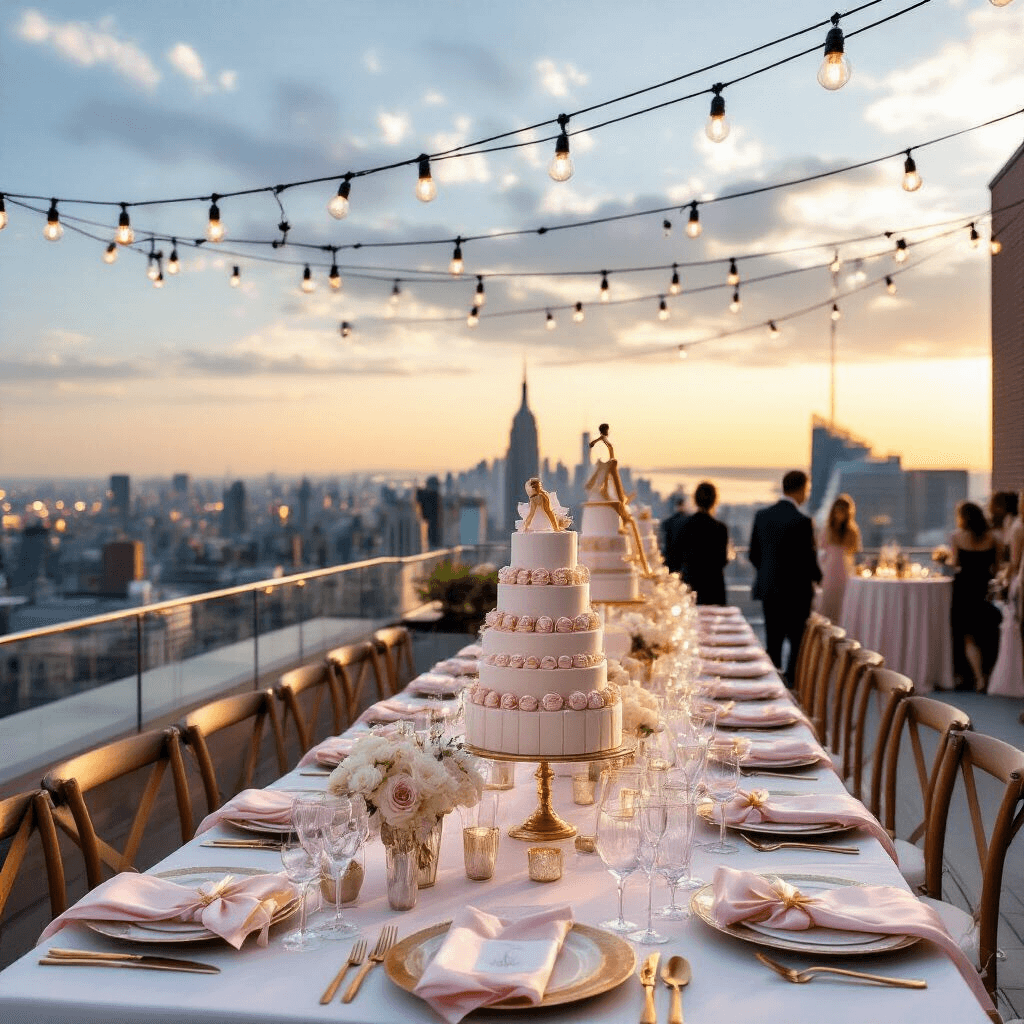 Magical Ballerina Birthday Party: The Ultimate Styling and Photography Guide A chic rooftop terrace designed for a ballerina-themed sweet sixteen, featuring tables with white linens and gold cutlery, centerpieces of pointe shoes and orchids, a dessert bar with macarons and a birthday cake, and market lights overhead, all set against a sunset city skyline.