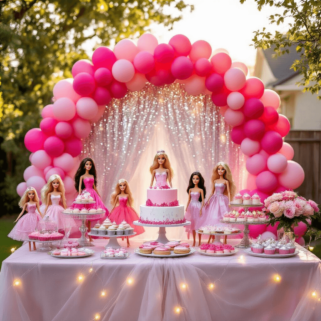 Barbie Birthday Party: The Ultimate Guide to a Pink Dreamhouse Celebration A whimsical Barbie-themed birthday party scene in a sunlit backyard featuring a pink ombré balloon arch, a dessert table with a tiered cake, cupcakes, and cookies in vibrant shades, and Barbie dolls as decorations, all illuminated by twinkling fairy lights.