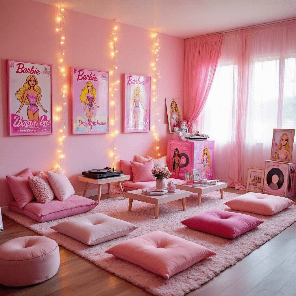 Barbie Birthday Party: The Ultimate Guide to a Pink Dreamhouse Celebration A cozy living room transformed into a Barbie dreamhouse, featuring pastel pink walls with oversized Barbie box frames, low tables surrounded by plush pink floor cushions, a DIY photo booth with a life-sized Barbie box, fairy lights, sheer curtains, and a vintage record player playing 80s hits, with nostalgic Barbie memorabilia displayed, all bathed in golden hour light.