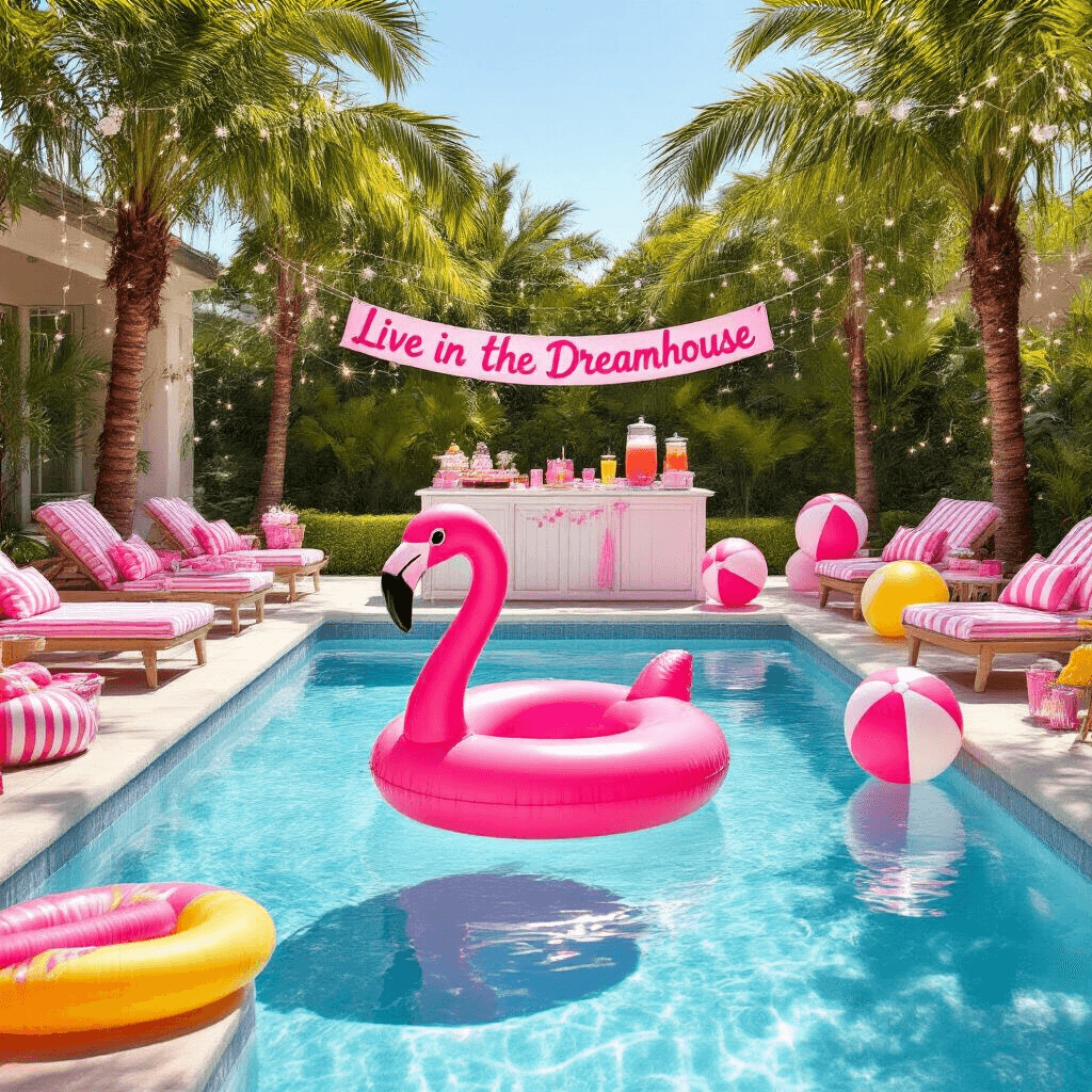 Barbie Birthday Party: The Ultimate Guide to a Pink Dreamhouse Celebration A vibrant outdoor scene of a Barbie pool party featuring a crystal-clear pool with a pink flamingo float, lounge chairs with pink and white striped cushions, a refreshment station with pink lemonade, colorful snacks, oversized beach balls, pool noodles, and palm trees adorned with fairy lights, all under bright sunlight with a 'Live in the Dreamhouse' banner.