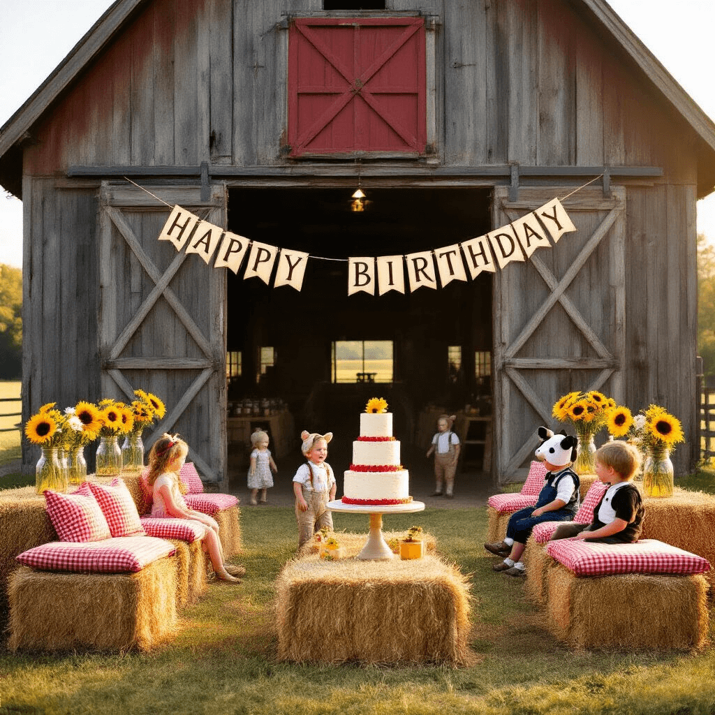 Barnyard Birthday Party: The Ultimate Guide to Creating a Farmyard Celebration That Kids Will Love A barnyard birthday party scene with a rustic barn, a 'Happy Birthday' sign, hay bales with gingham cushions, mason jars of sunflowers, and a barn-shaped cake, while children in animal costumes play in golden hour light.