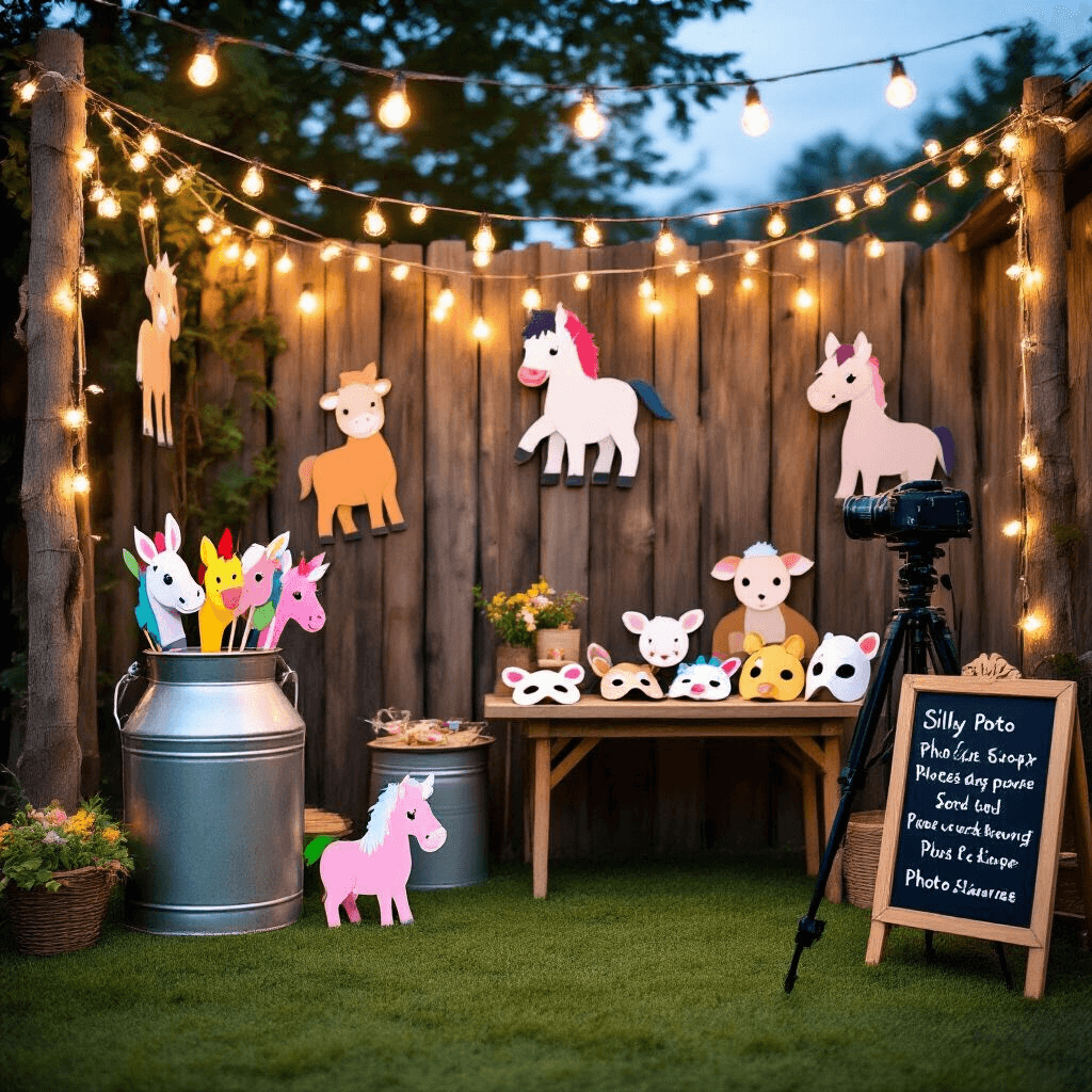 Barnyard Birthday Party: The Ultimate Guide to Creating a Farmyard Celebration That Kids Will Love A cozy farm-themed photo booth at dusk with fairy lights, a rustic wooden fence, cartoon animal cutouts, a vintage milk can with stick horses, a table of animal masks, artificial grass flooring, a camera on a tripod, and a chalkboard sign with photo pose ideas.