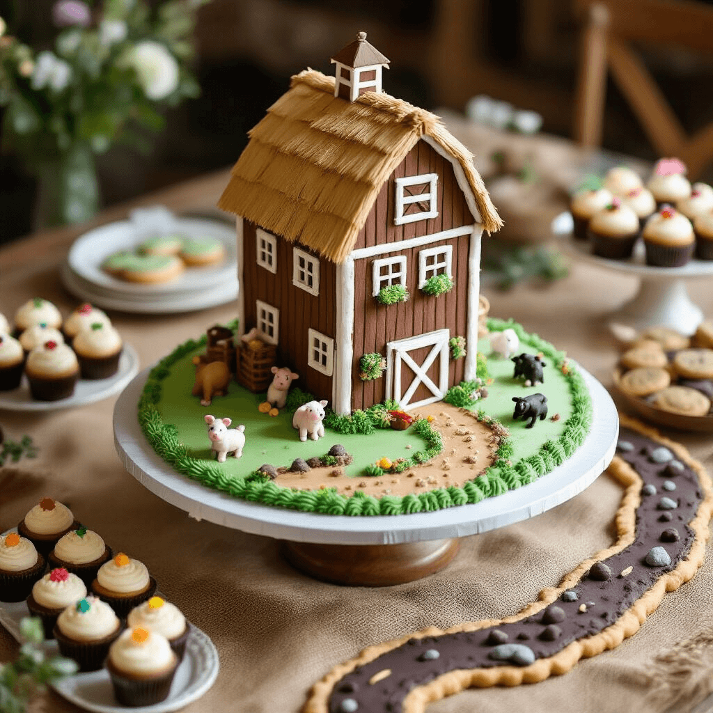 Barnyard Birthday Party: The Ultimate Guide to Creating a Farmyard Celebration That Kids Will Love An overhead view of a multi-level barn-shaped birthday cake with fondant details and miniature farm animals, surrounded by green buttercream 'pasture,' sugar flowers, and chocolate rocks, complemented by themed cupcakes and cookies arranged like a dirt road.