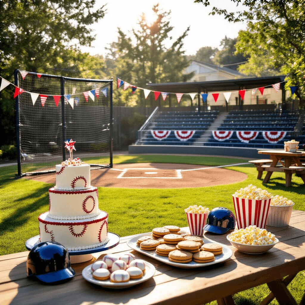 Home Run Celebrations: The Ultimate Guide to a Stunning Baseball Birthday Party A sunny backyard transformed into a miniature baseball stadium for a child's birthday party, featuring a batting cage, bleacher seating with bunting, a concession stand, and a dessert table with a baseball diamond cake, cookies, and popcorn in mini batting helmets, all highlighted by soft afternoon light.
