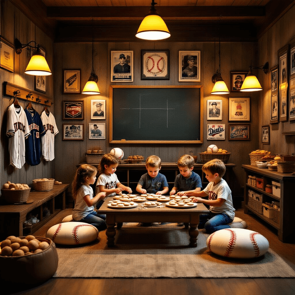 Home Run Celebrations: The Ultimate Guide to a Stunning Baseball Birthday Party Indoor birthday party in a cozy living room styled like a retro baseball clubhouse, featuring kids decorating cookies at a low table, framed baseball memorabilia on the walls, a personalized jersey display, and a snack bar with classic stadium food, all bathed in warm ambient lighting.