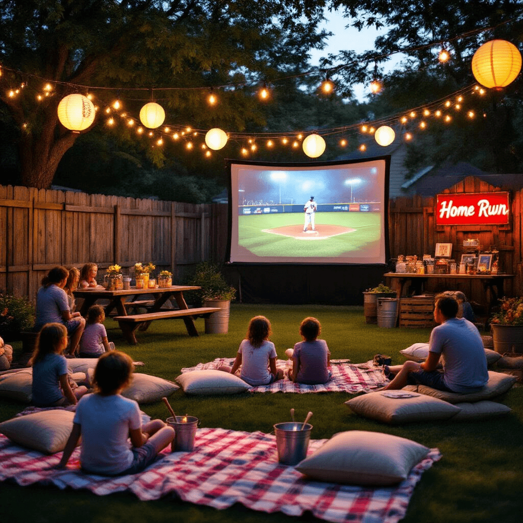 Home Run Celebrations: The Ultimate Guide to a Stunning Baseball Birthday Party A cozy twilight baseball birthday party with string lights and paper lanterns illuminating the backyard, featuring a movie screen showing a classic film, kids on picnic blankets, adults at high-top tables with mini baseball bat centerpieces, and a photo booth area with vintage memorabilia and a neon 'Home Run' sign.