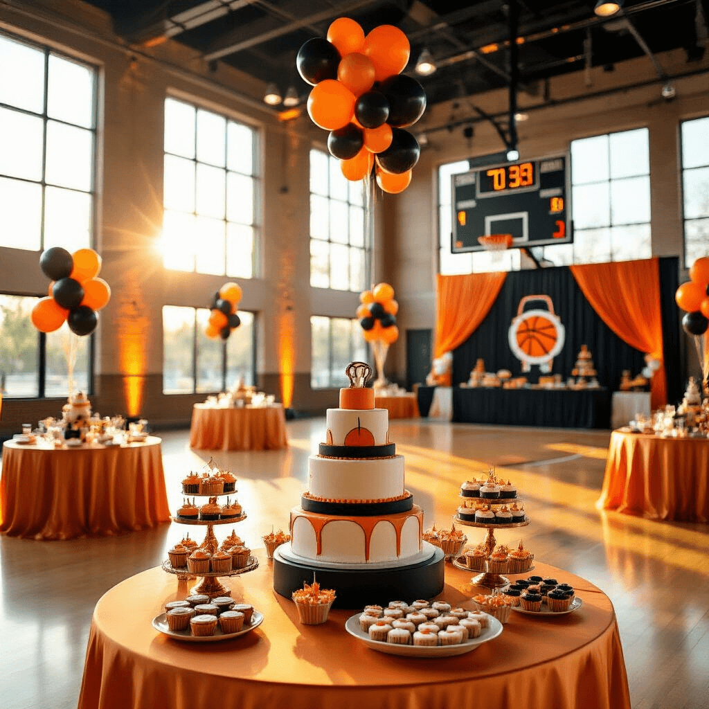 Slam Dunk Birthday Bash: The Ultimate Basketball Party Guide A transformed indoor basketball court during golden hour, featuring round tables with orange silk linens, miniature basketball hoop centerpieces with orange and black balloons, a scoreboard-inspired backdrop, jersey-patterned banners hanging from the rafters, and a dessert table with a tiered basketball-shaped cake and themed treats.