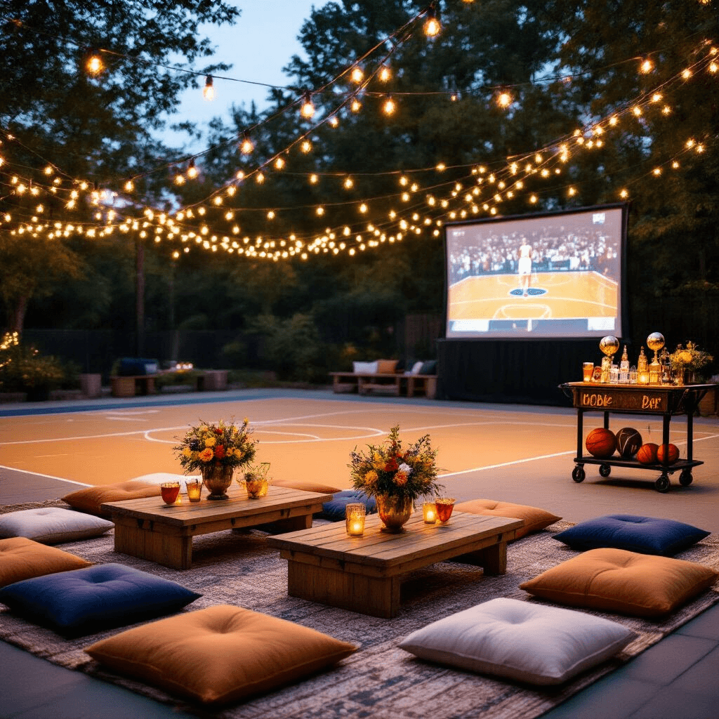 Slam Dunk Birthday Bash: The Ultimate Basketball Party Guide An intimate outdoor evening scene featuring a private basketball court adorned with fairy lights, picnic-style seating with plush floor cushions, vintage basketball trophies filled with wildflowers as centerpieces, and a mobile bar cart, all set against a backdrop of classic game footage on a projection screen.