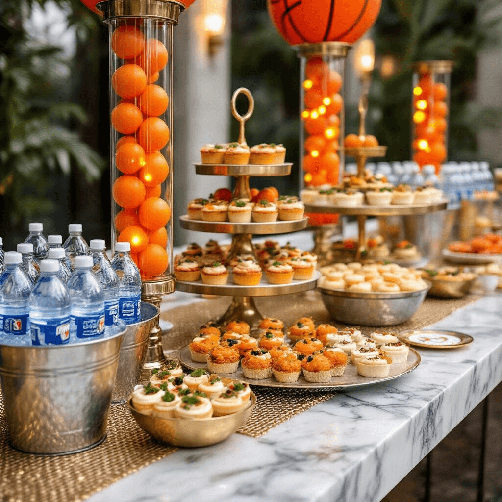 Slam Dunk Birthday Bash: The Ultimate Basketball Party Guide A luxurious basketball-themed buffet table featuring a marble countertop with a gold mesh table runner, gourmet finger foods on tiered stands resembling basketball hoops, personalized napkins, and glass cylinders with orange balls and LED lights.