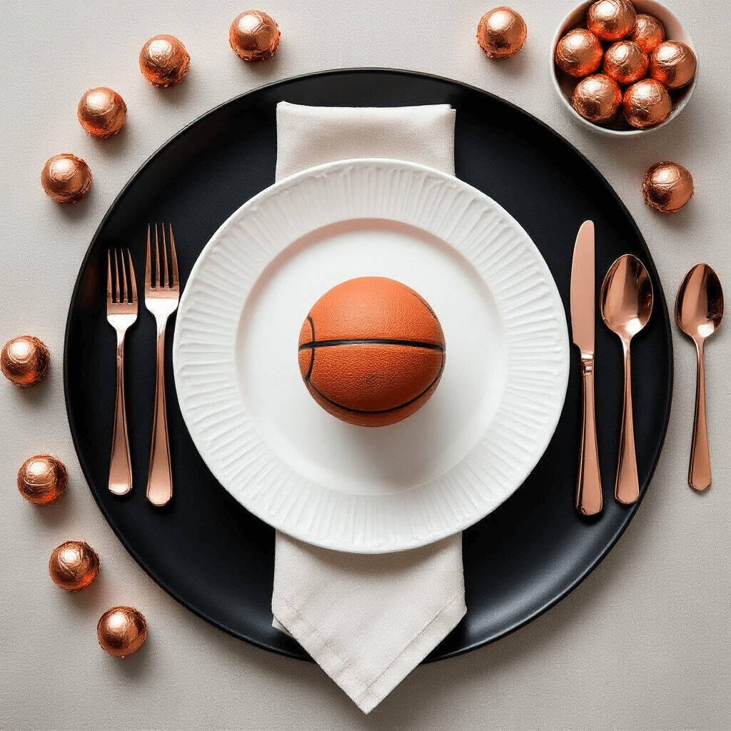 Slam Dunk Birthday Bash: The Ultimate Basketball Party Guide An upscale basketball-themed place setting featuring a black charger plate, a textured white dinner plate resembling a basketball, rose gold cutlery, a miniature basketball as a place card holder, a linen napkin folded like a jersey number, and metallic orange foil-wrapped chocolate truffles scattered around.
