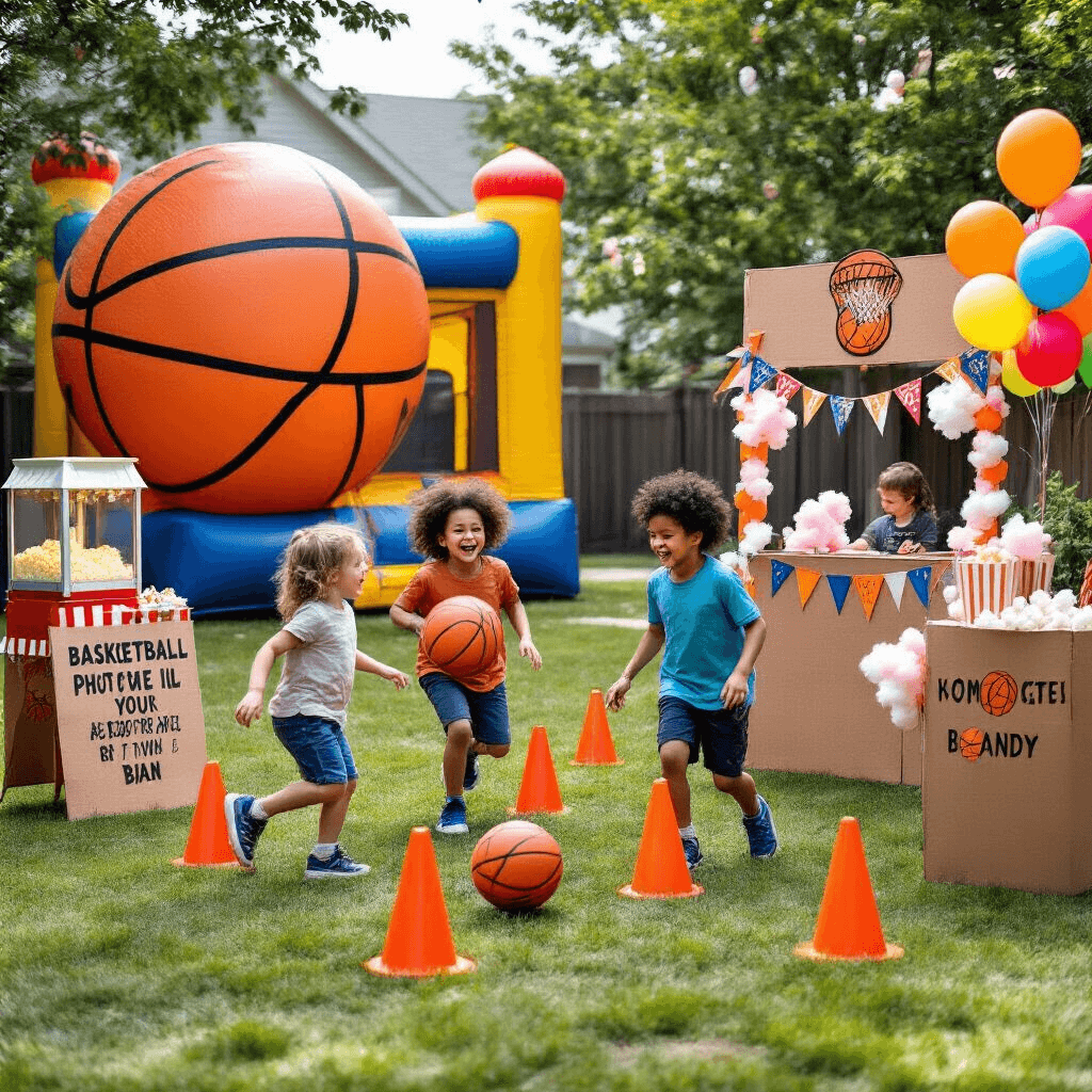 Slam Dunk Birthday Bash: The Ultimate Basketball Party Guide A vibrant backyard birthday party scene featuring children laughing and participating in a dribbling contest around orange cones, with a giant basketball-shaped bounce house in the background. A DIY basketball hoop photo booth buzzes with activity beside a popcorn machine and cotton candy stand adorned with basketball pennants. Colorful balloons float above, tied to custom yard signs displaying basketball facts and trivia, encapsulating a festive carnival atmosphere.