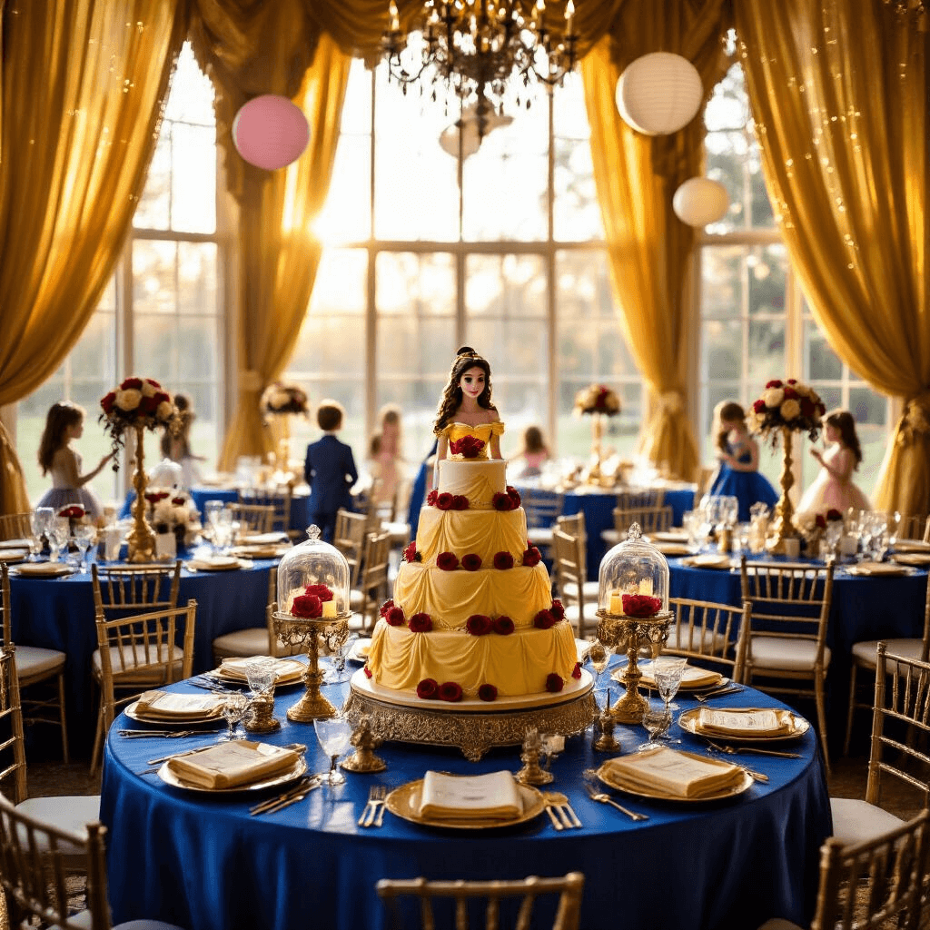 A Magical Beauty and the Beast Birthday Party: Your Ultimate Styling Guide A grand ballroom for a Beauty and the Beast themed birthday party, featuring royal blue silk table linens, enchanted rose centerpieces, a tiered cake resembling Belle's gown, and children in costume twirling on the dance floor as a Belle character greets guests, all illuminated by golden hour light.