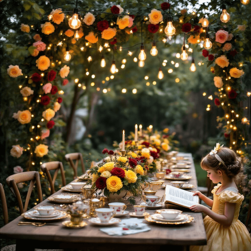 A Magical Beauty and the Beast Birthday Party: Your Ultimate Styling Guide An enchanting backyard garden party inspired by Beauty and the Beast, featuring a long farmhouse table adorned with vintage china, gold-rimmed teacups, and floral centerpieces in yellow and red. Cascading paper roses and fairy lights create a whimsical backdrop, while strings of Edison bulbs illuminate the scene. A child in a Belle costume reads from an oversized storybook in the foreground, with a focus on the intricate table details and a softly blurred magical background.