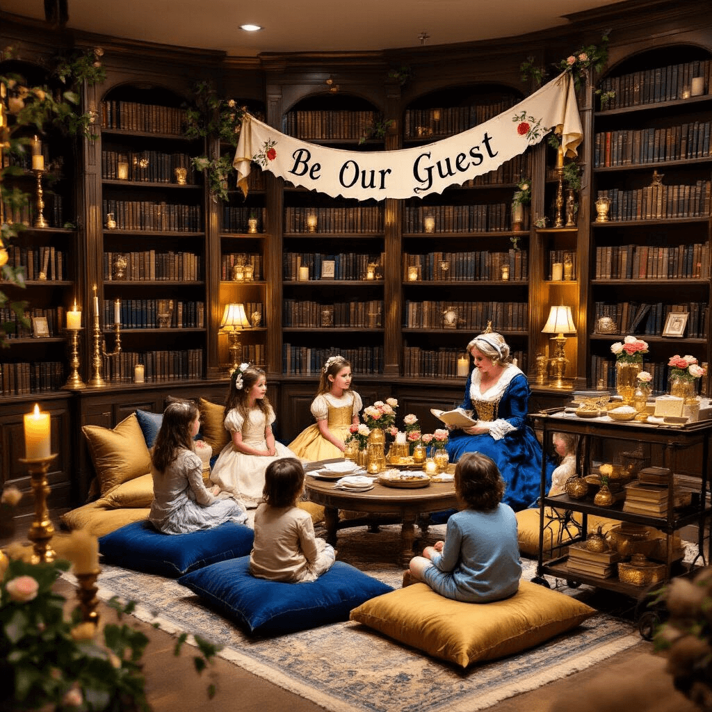 A Magical Beauty and the Beast Birthday Party: Your Ultimate Styling Guide A cozy living room transformed into a birthday celebration inspired by Belle's library, featuring bookshelves filled with books, gold-sprayed candlesticks, and enchanted roses in jars. A low table surrounded by plush cushions in rich blues and golds sits at the center, with a 'Be Our Guest' banner overhead and a cart of storybook-themed treats nearby. Soft lighting and candles create a warm atmosphere as children enjoy a storytelling session led by a costumed character.