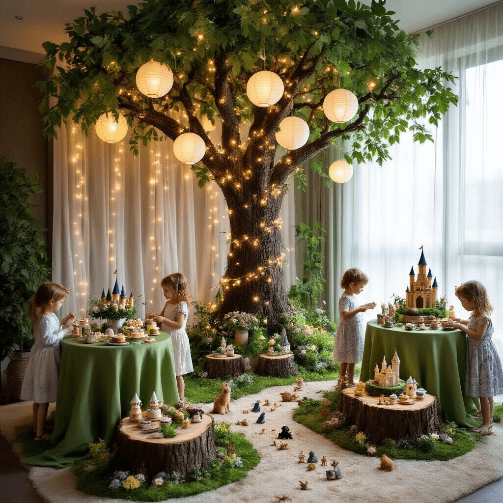 A Magical Beauty and the Beast Birthday Party: Your Ultimate Styling Guide Enchanted forest-themed birthday party in a modern apartment, featuring a faux tree with twinkling lights, moss-green table linens, woodland flower centerpieces, a dessert table resembling a log, and children participating in a treasure hunt.