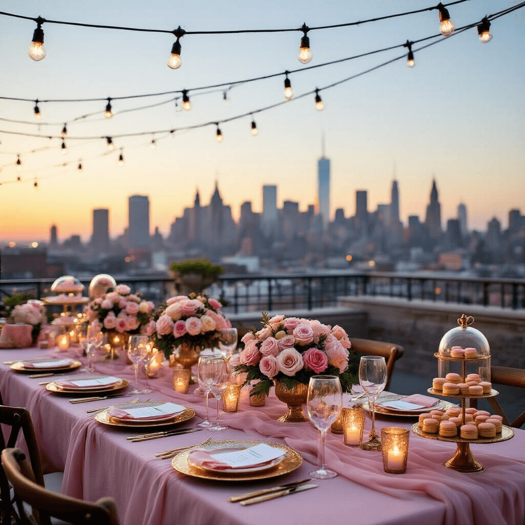 A Magical Beauty and the Beast Birthday Party: Your Ultimate Styling Guide A romantic rooftop terrace birthday party inspired by Beauty and the Beast, featuring long tables with blush pink linens and gold chargers, rose centerpieces under cloche glasses, and an enchanting city skyline at sunset. Strings of market lights and hurricane lanterns create a warm ambiance, while a dessert cart offers macarons and gold-dusted strawberries. A close-up shot shows a beautifully set table with the twinkling city in the soft-focus background.