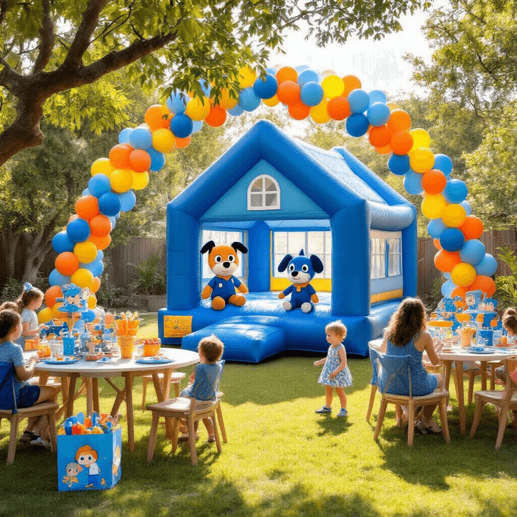 Throwing the Ultimate Bluey Birthday Party: A Comprehensive Guide for Fans in 2025 A whimsical Bluey-themed birthday party in a sun-drenched backyard, featuring a large blue bounce house, colorful balloon arches, tables with Bluey plush toys, and a 'Keepy Uppy' balloon station, with children playing and parents mingling under soft morning light filtering through trees.