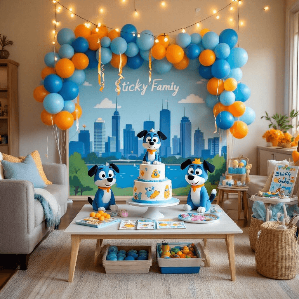 Throwing the Ultimate Bluey Birthday Party: A Comprehensive Guide for Fans in 2025 A cozy living room decorated for a Bluey celebration, featuring soft pastel blues with orange and yellow balloons, a hand-painted Brisbane skyline backdrop, a 'Sticky Gecko' game station, crafting corner, twinkling fairy lights, and a tiered cake with Bluey and Bingo figurines.