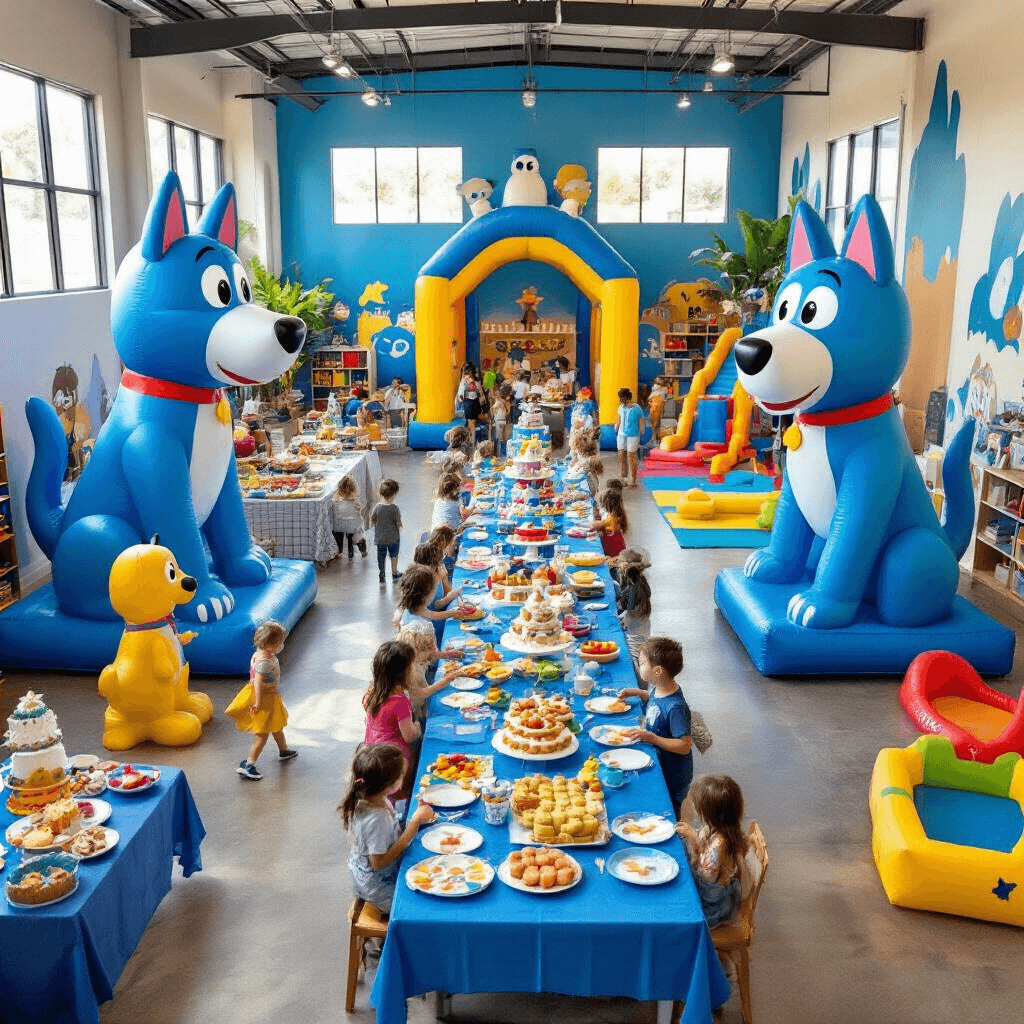 Throwing the Ultimate Bluey Birthday Party: A Comprehensive Guide for Fans in 2025 A high-angle view of a vibrant indoor play center celebrating a Bluey birthday party, featuring giant inflatable Bluey and Bingo at the entrance, various activity stations, oversized Heeler family cutouts, and a long table adorned with Australian-themed snacks.