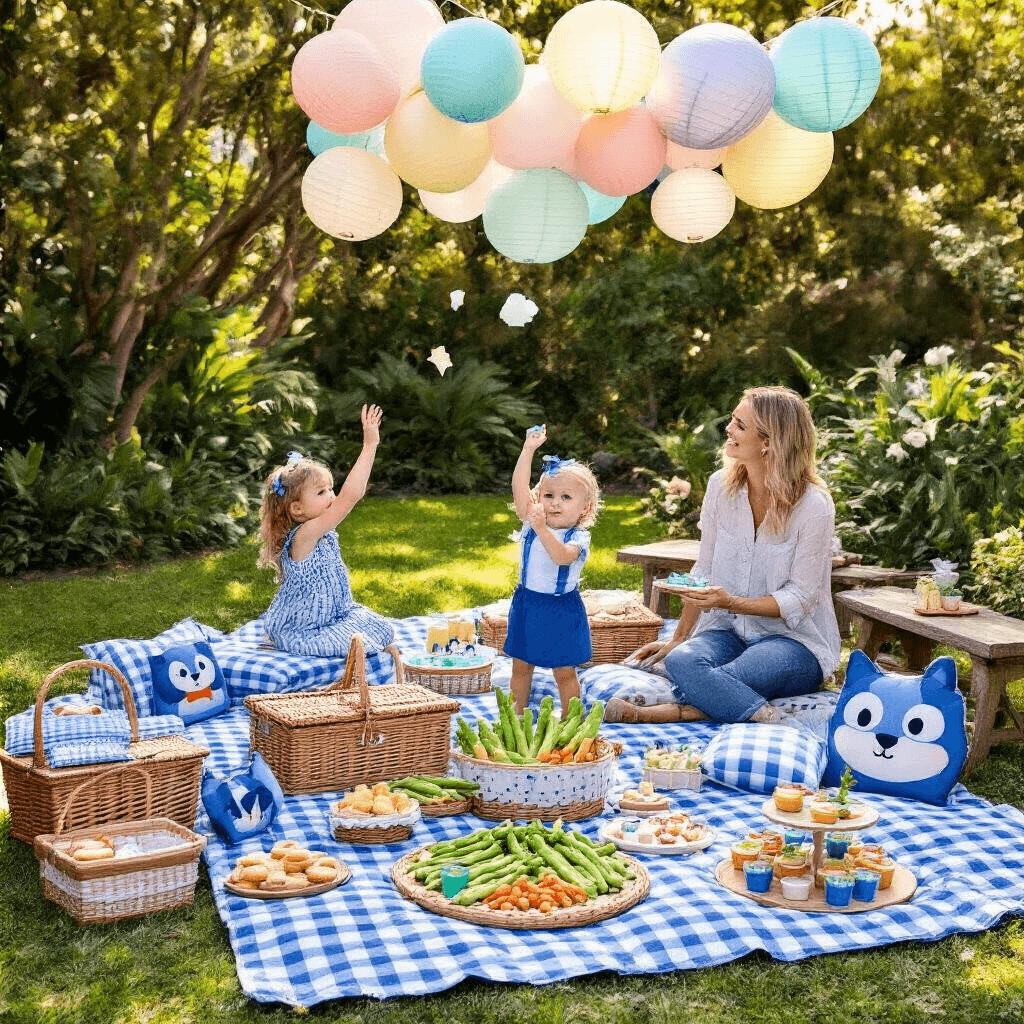 Throwing the Ultimate Bluey Birthday Party: A Comprehensive Guide for Fans in 2025 A vibrant picnic scene featuring Bluey characters in a lush garden, with blue and white checkered blankets, wicker baskets, and a Magic Asparagus veggie platter. Children play Keepy Uppy while parents relax on wooden benches, surrounded by pastel balloons and paper lanterns. A dessert cart showcases a Fruit Bat cake and blue jelly cups, all captured in the warm glow of golden hour.