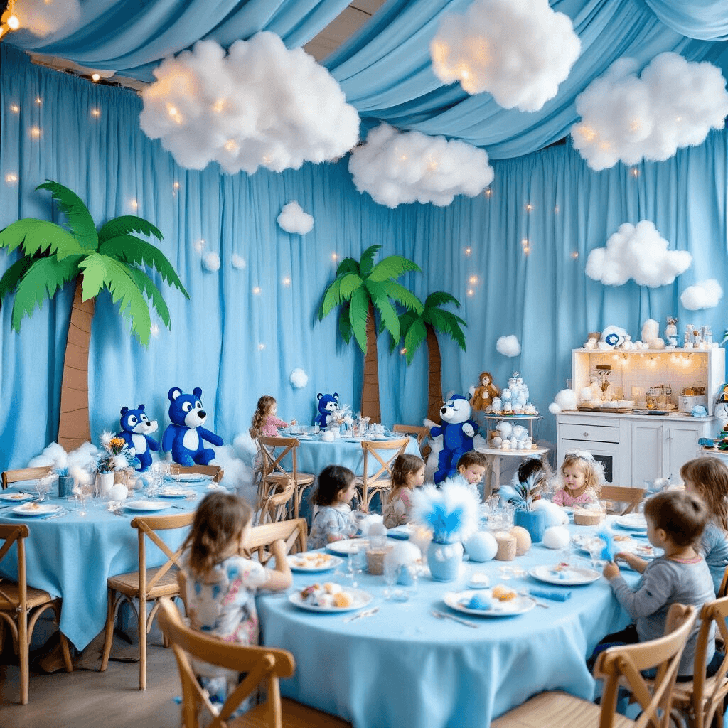 Throwing the Ultimate Bluey Birthday Party: A Comprehensive Guide for Fans in 2025 A cozy indoor winter wonderland party themed around Bluey, featuring light blue draped walls, fluffy white clouds, and cardboard palm trees. A disco area with twinkling lights, tables with icy blue linens and Bluey plush toy centerpieces with pompoms, and a hot chocolate station styled like Bluey's kitchen. Children enjoy playing 'Featherwand' with blue and white feathers, all illuminated by warm, contrasting lighting.