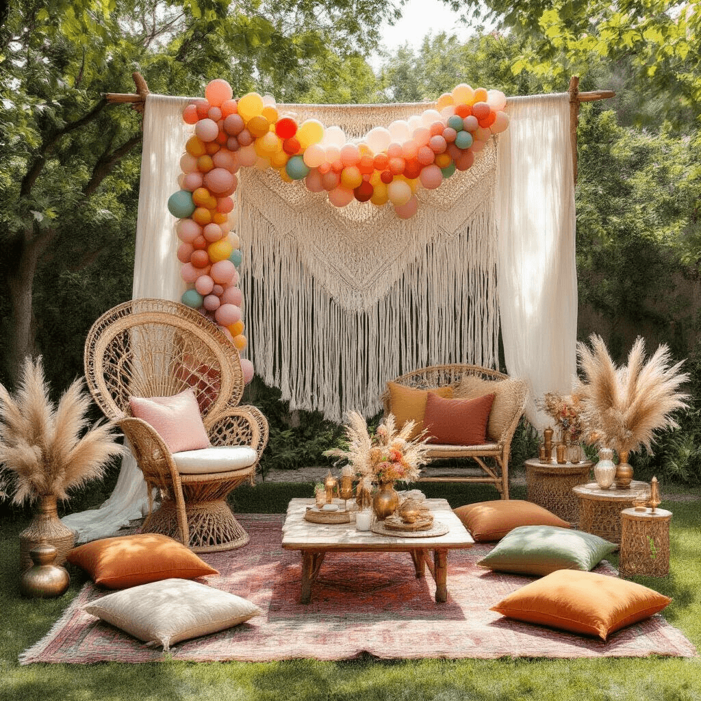 Boho Rainbow Birthday Party: A Whimsical Celebration of Soft Colors and Free-Spirited Style A vibrant boho backyard with a macramé backdrop and rainbow balloon garland, featuring a rattan peacock chair, picnic-style seating on Moroccan rugs with floor cushions, and centerpieces of pampas grass and crystal prisms, all under soft, filtered light.