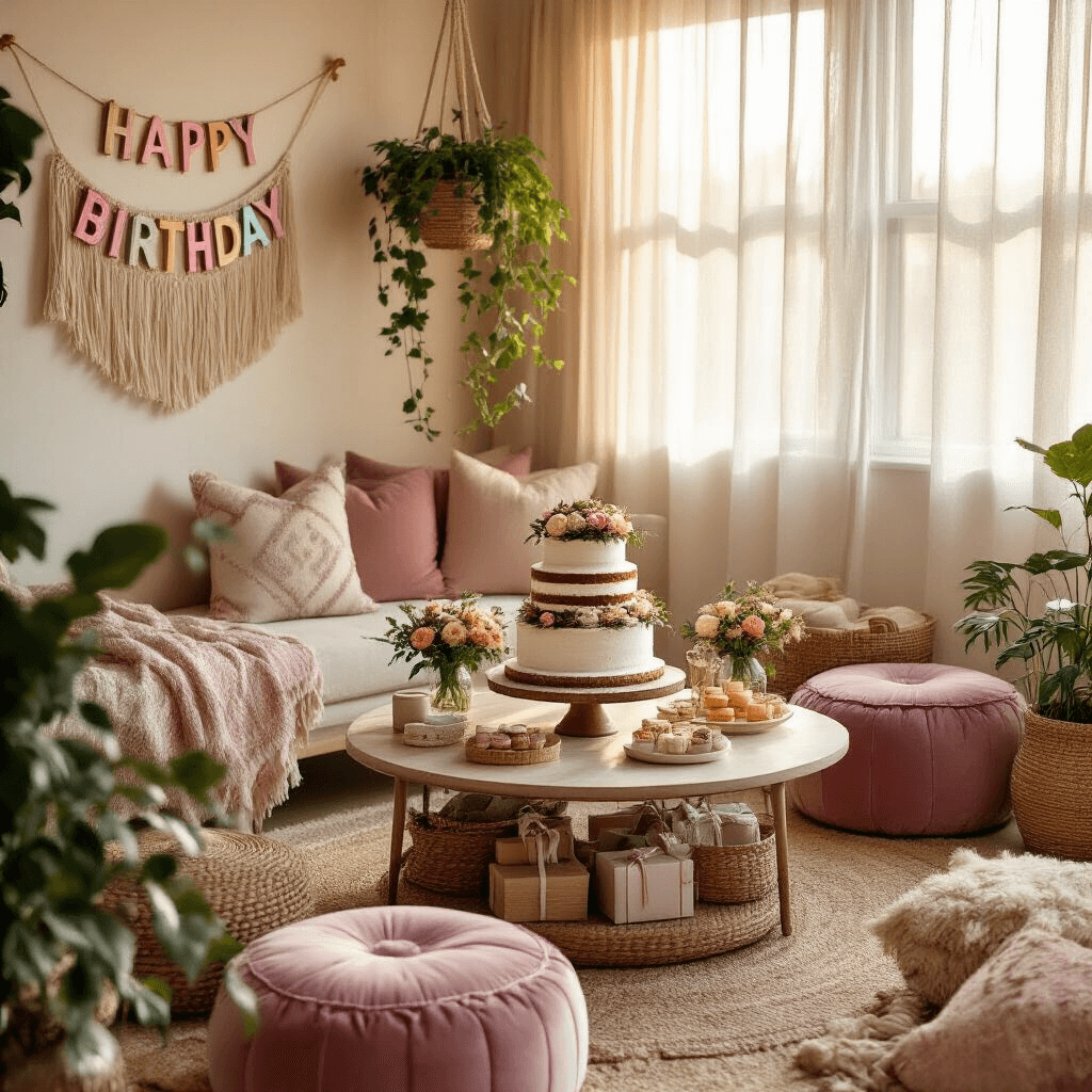 Boho Rainbow Birthday Party: A Whimsical Celebration of Soft Colors and Free-Spirited Style Intimate living room birthday celebration at golden hour, featuring warm light, a dessert display with a naked cake adorned with flowers, dusty pink velvet poufs, woven baskets overflowing with gifts, macramé plant hangers with pothos vines, and a handcrafted wooden 'Happy Birthday' banner in muted rainbow hues.