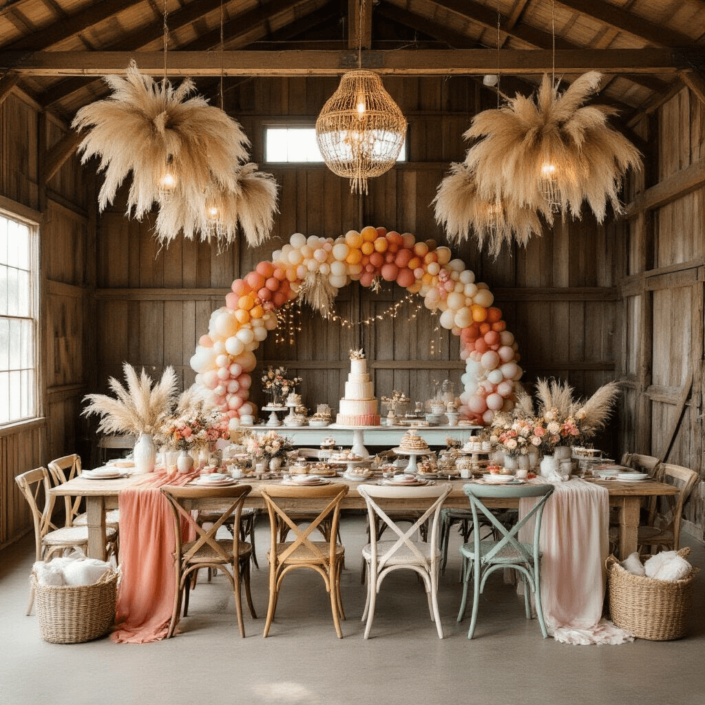 Boho Rainbow Birthday Party: A Whimsical Celebration of Soft Colors and Free-Spirited Style A rustic barn interior transformed for a boho rainbow first birthday, featuring farmhouse tables with ombre runners, mismatched pastel chairs, hoop chandeliers adorned with pampas grass, a muted rainbow balloon arch over a dessert station, and cozy blankets in woven baskets.