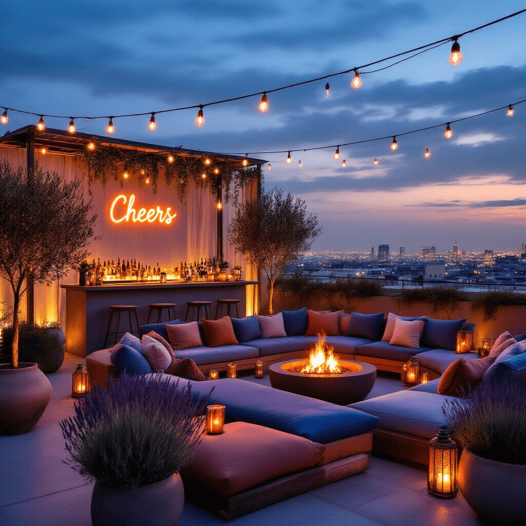 Boho Rainbow Birthday Party: A Whimsical Celebration of Soft Colors and Free-Spirited Style A modern rooftop terrace beautifully decorated for a twilight boho celebration, featuring low lounge seating with plush cushions in dusty blue, mauve, and ochre, glowing fairy lights and lanterns, a curved bar with signature cocktails in copper mugs, and a photo booth backdrop with a neon 'cheers' sign, surrounded by potted olive trees and lavender planters against a sparkling city skyline.