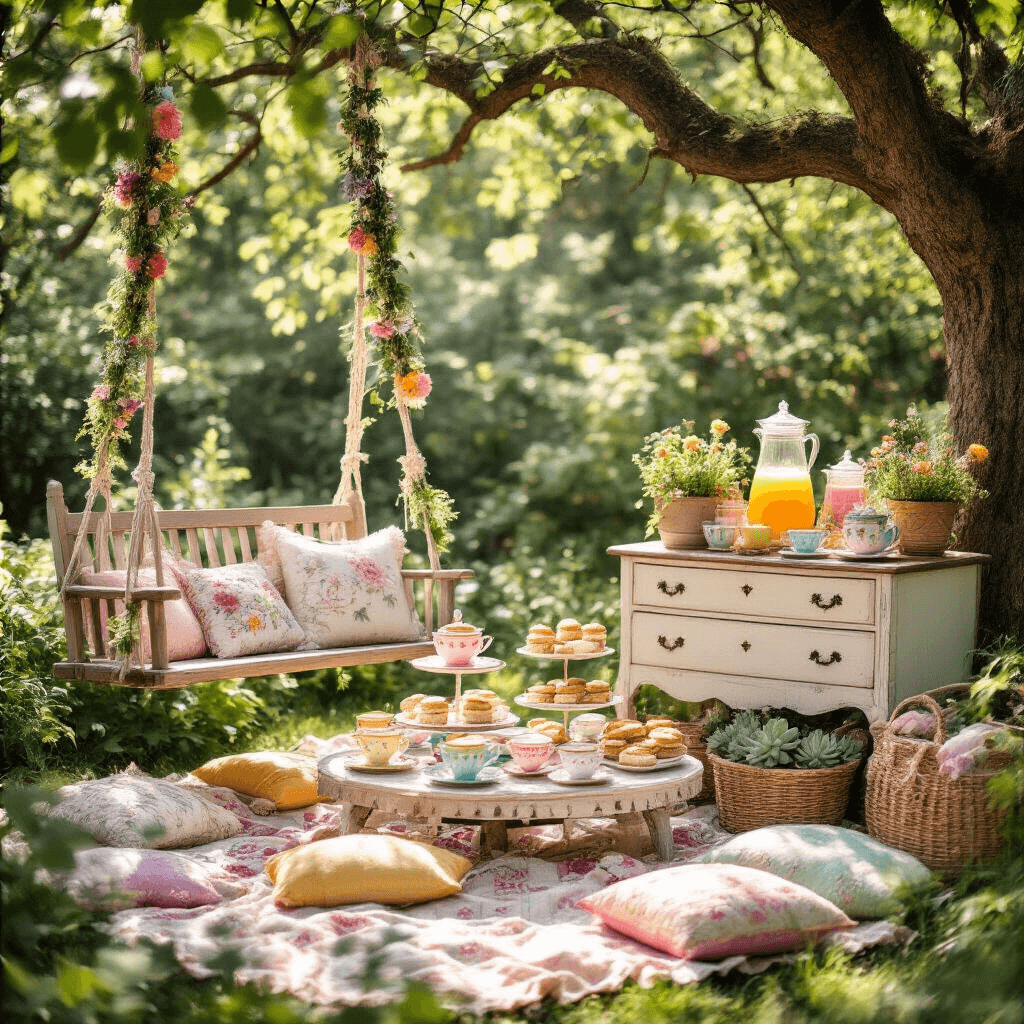 Boho Rainbow Birthday Party: A Whimsical Celebration of Soft Colors and Free-Spirited Style Whimsical garden tea party scene featuring mismatched pastel vintage teacups, tiered stands with scones and sandwiches, a macramé-draped swing, and a lemonade station on a refurbished dresser surrounded by potted succulents, all under dappled sunlight filtering through trees.