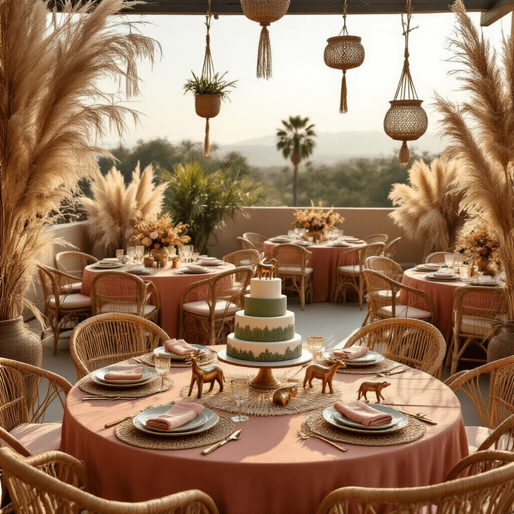 Boho Safari Birthday Party: A Whimsical Celebration of Earthy Elegance A boho safari oasis rooftop terrace featuring round terracotta-draped tables with macramé runners and brass animal figurines, surrounded by rattan chairs with blush pink cushions, framed by dried pampas grass and hanging macramé planters, with a dessert cart displaying a sage green fondant tiered cake, all illuminated by soft golden hour light against a city skyline backdrop.