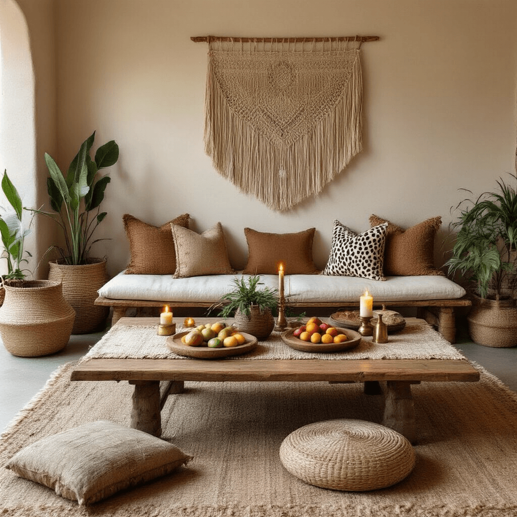 Boho Safari Birthday Party: A Whimsical Celebration of Earthy Elegance A cozy boho safari celebration setup in a living room, featuring a low coffee table with earthy decor, plush floor cushions, and warm candlelight, all framed by a large macramé wall hanging and lush plants.