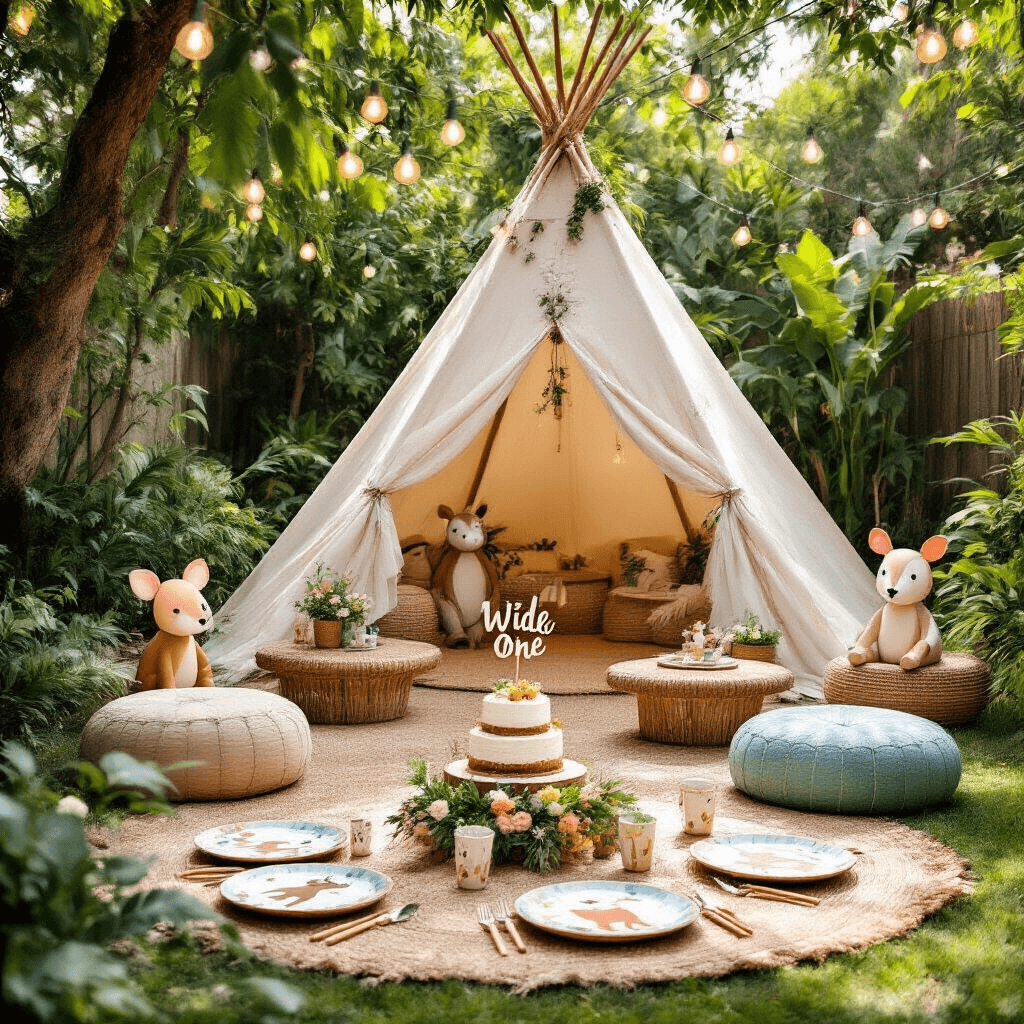 Boho Safari Birthday Party: A Whimsical Celebration of Earthy Elegance A whimsical children's boho safari party in a sun-dappled backyard, featuring a teepee tent, colorful pouf seating, handmade animal cutouts, and a dessert table with a naked cake. Fairy lights overhead create a dreamy ambiance, while illustrated safari animal plates and bamboo cutlery are visible in the foreground.