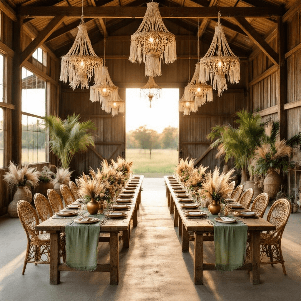 Boho Safari Birthday Party: A Whimsical Celebration of Earthy Elegance A beautifully decorated rustic barn for a boho safari celebration, featuring sunlight streaming through open doors, macramé chandeliers, long farmhouse tables with sage green runners and vibrant floral centerpieces, rattan peacock chairs for a photo booth, and gold-painted animal figurine place card holders, all illuminated in warm golden hour light.