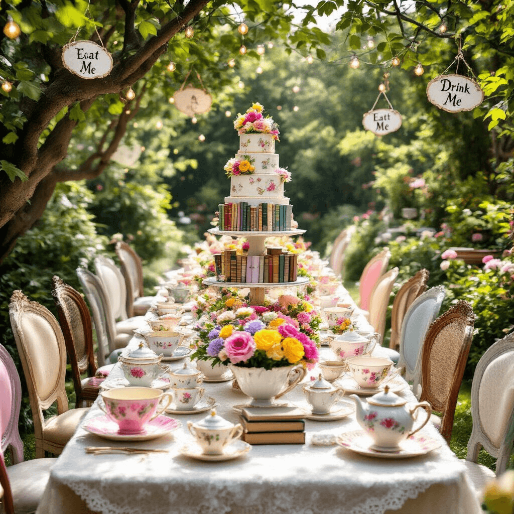 Crafting the Perfect Book-Themed Birthday Party: A Literary Lover's Ultimate Guide A whimsical Alice in Wonderland tea party in a sun-drenched garden, featuring oversized pastel teacups filled with flowers, mismatched vintage chairs, ivory lace tablecloths, stacks of old books as centerpieces, delicate china teapots, gold-rimmed dessert plates, and a tiered cake resembling colorful book spines, all illuminated by soft fairy lights.