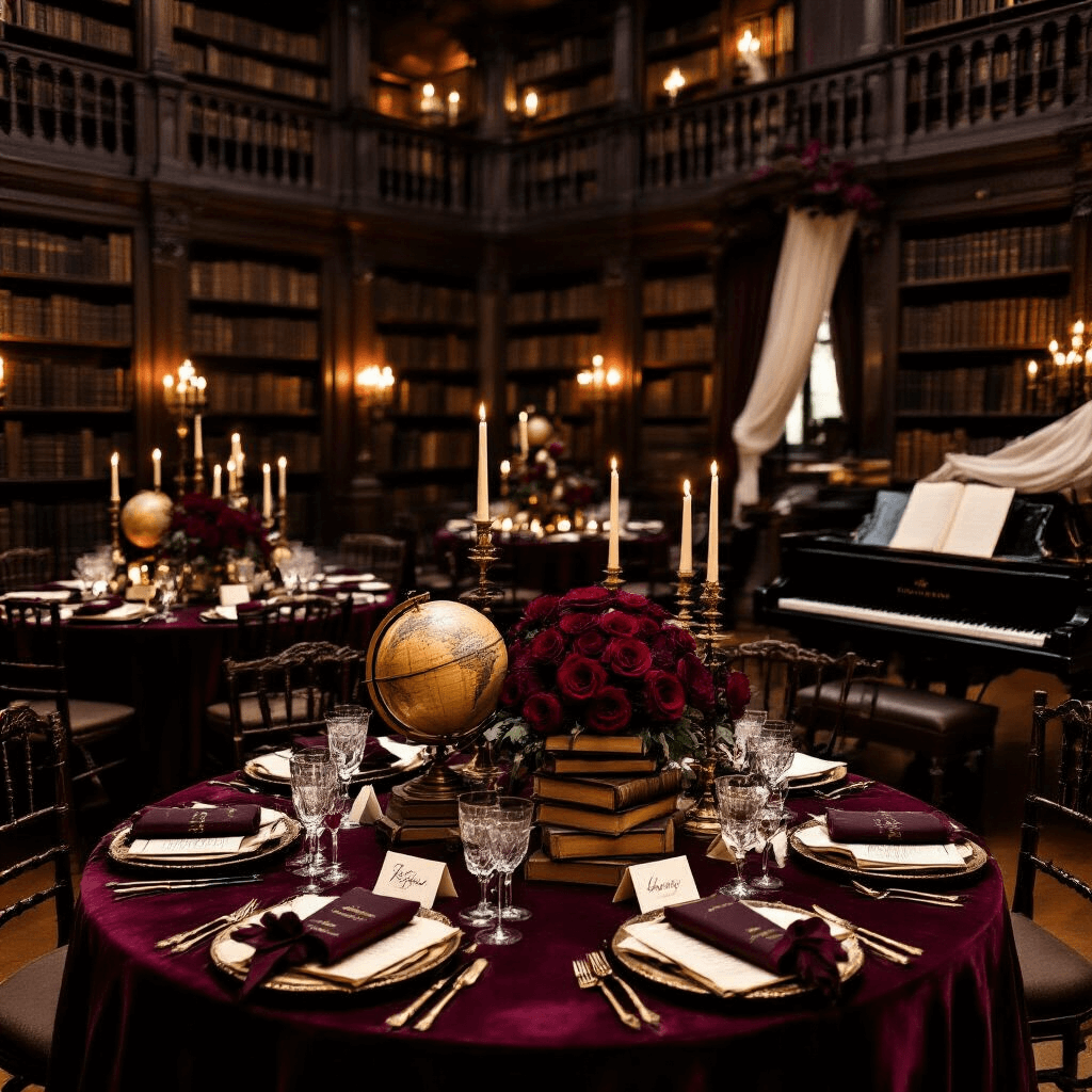 Crafting the Perfect Book-Themed Birthday Party: A Literary Lover's Ultimate Guide An elegant soirée in a historic library with mahogany bookshelves, velvet-draped tables featuring antique centerpieces, personalized book favors, and a grand piano, all illuminated by warm, low lighting.