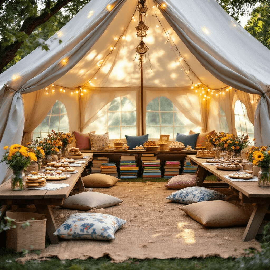 Crafting the Perfect Book-Themed Birthday Party: A Literary Lover's Ultimate Guide A whimsical backyard celebration of a children's book features a cozy tent with fairy lights, plush pillows, and colorful storybooks. Picnic tables are adorned with burlap runners, mason jar wildflowers, and wooden signs with book quotes. A dessert cart displays storybook-themed treats as the warm golden hour light highlights joyful young guests.