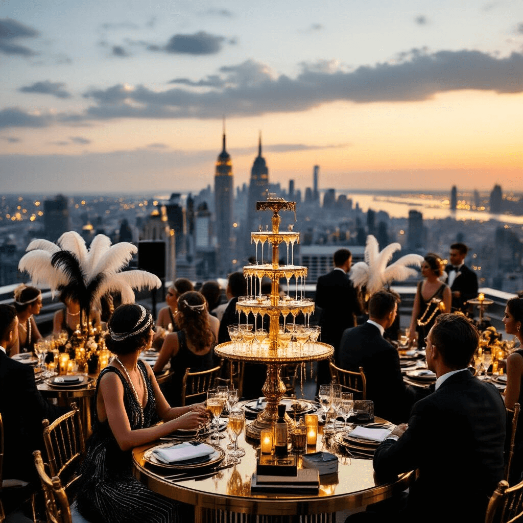Crafting the Perfect Book-Themed Birthday Party: A Literary Lover's Ultimate Guide A glamorous rooftop party inspired by 'The Great Gatsby' featuring art deco decor, such as gold and black accents, a champagne tower, feather centerpieces, and pearls, with guests in 1920s attire mingling amidst a stunning city skyline at sunset.