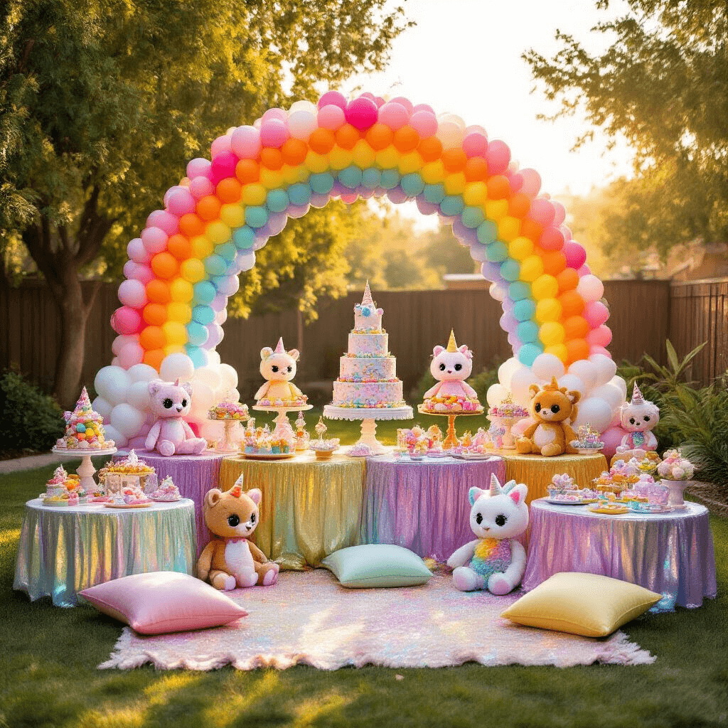 Boo Birthday Party: The Ultimate Guide to Throwing a Magical Celebration An extravagant Beanie Boo birthday celebration in a sunlit backyard, featuring a grand rainbow balloon arch, bright plushies on tiered pedestals, picnic tables with iridescent tablecloths, glittery unicorn centerpieces, a colorful dessert cart, and a cozy Beanie Boo photo booth, all bathed in warm golden hour light.