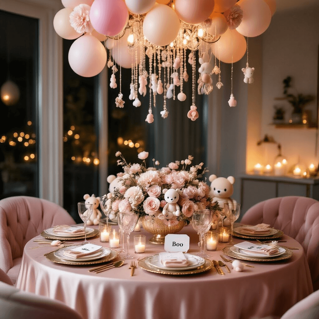 Boo Birthday Party: The Ultimate Guide to Throwing a Magical Celebration An elegant Boo-themed birthday dinner table set in a modern apartment, featuring blush pink silk, pastel flowers, plush animals, gold-rimmed plates, crystal glasses, and personalized place cards, surrounded by a warm, cozy atmosphere with soft candlelight and cascading pastel balloons.