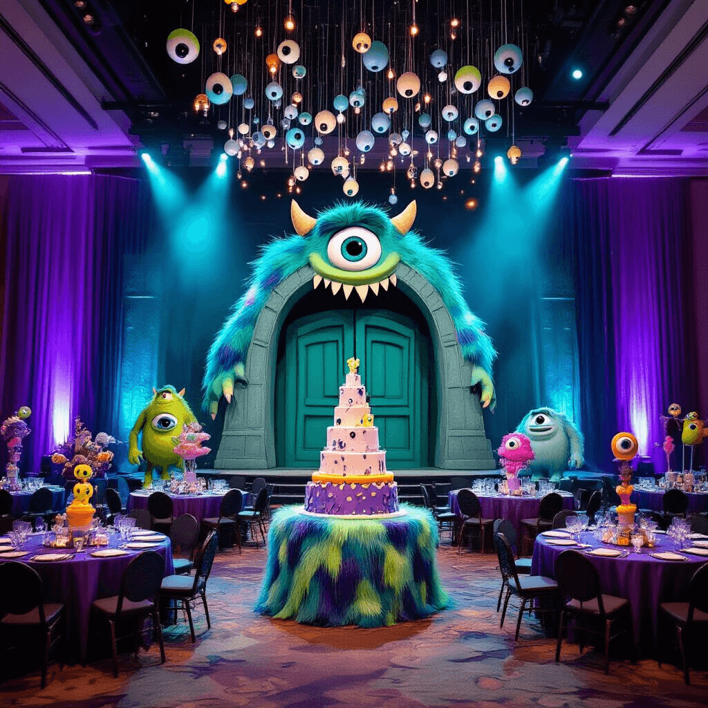 Boo Birthday Party: The Ultimate Guide to Throwing a Magical Celebration A vibrant indoor ballroom transformed into a Monsters, Inc. Boo party, featuring dramatic teal and purple uplighting, a towering 'Scare Floor' backdrop with animated doors, round tables with shimmering fabrics and monster fur centerpieces, a ceiling adorned with dangling eyeball ornaments and lights, and a dessert area showcasing a lifesize Sulley cake and cupcake monsters.