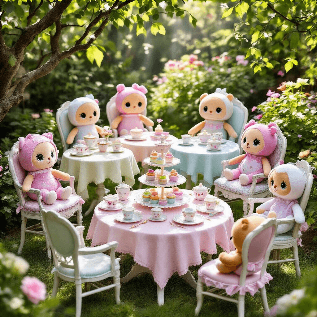 Boo Birthday Party: The Ultimate Guide to Throwing a Magical Celebration A whimsical outdoor tea party featuring oversized Beanie Boo plushies in a blooming garden, with mismatched vintage furniture draped in pastel linens and adorned with floral china, set against dappled sunlight and a backdrop of lush greenery.