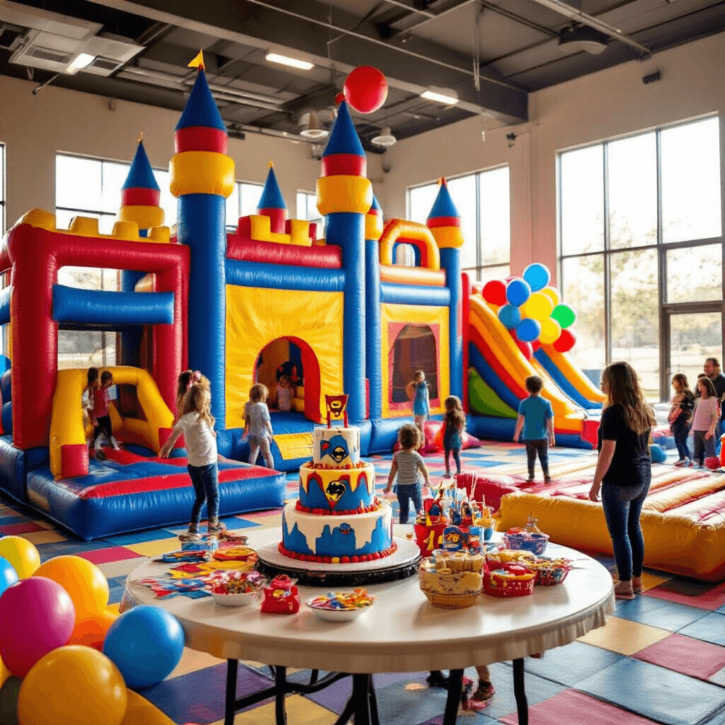 Ultimate Guide to Bounce House Birthday Parties: Creating Unforgettable Kids' Celebrations A lively indoor bounce house party with colorful inflatables, children playing excitedly, a superhero-themed cake on a decorated table, and parents chatting near a refreshment station, all illuminated by soft afternoon light.