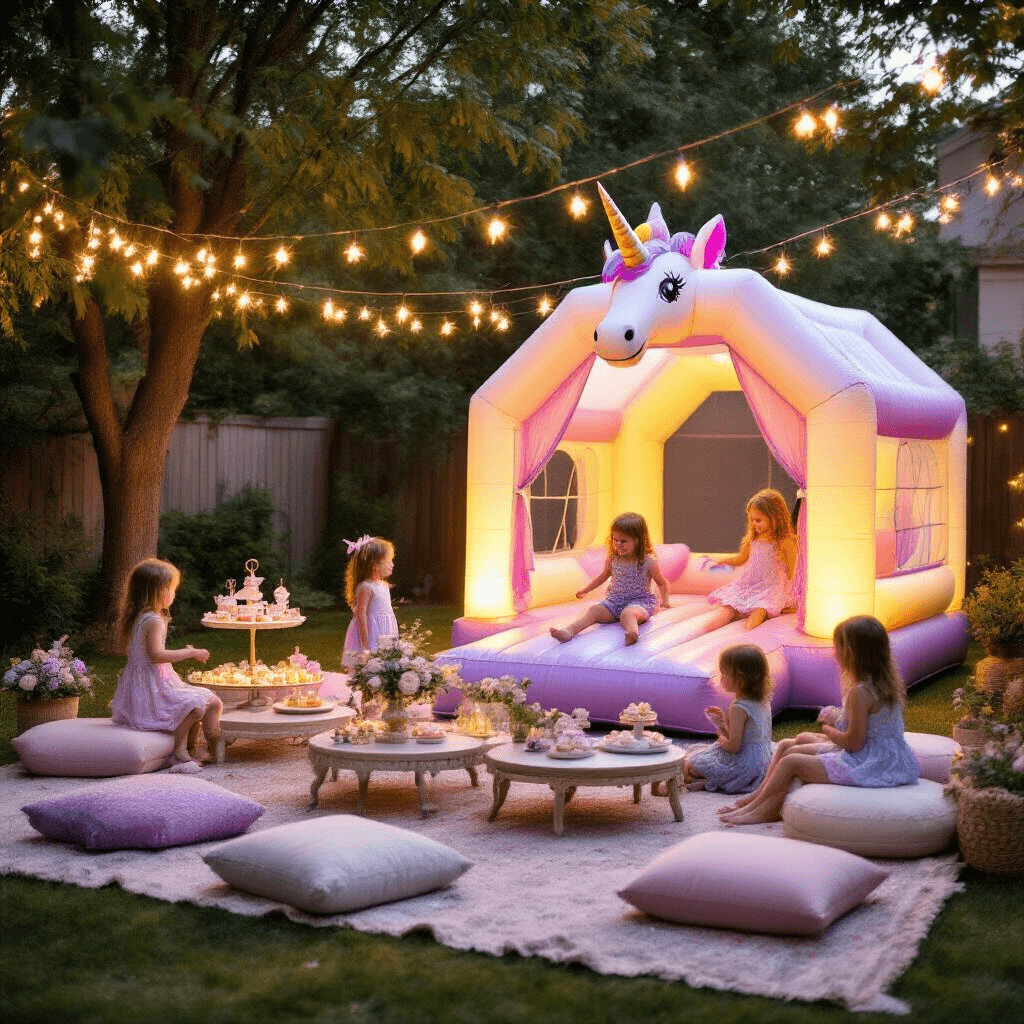 Ultimate Guide to Bounce House Birthday Parties: Creating Unforgettable Kids' Celebrations An elevated view of a whimsical backyard celebration featuring a unicorn-shaped bounce house surrounded by cozy seating, twinkling fairy lights, and floral decorations, as children enjoy treats and bounce joyfully in the warm golden hour light.