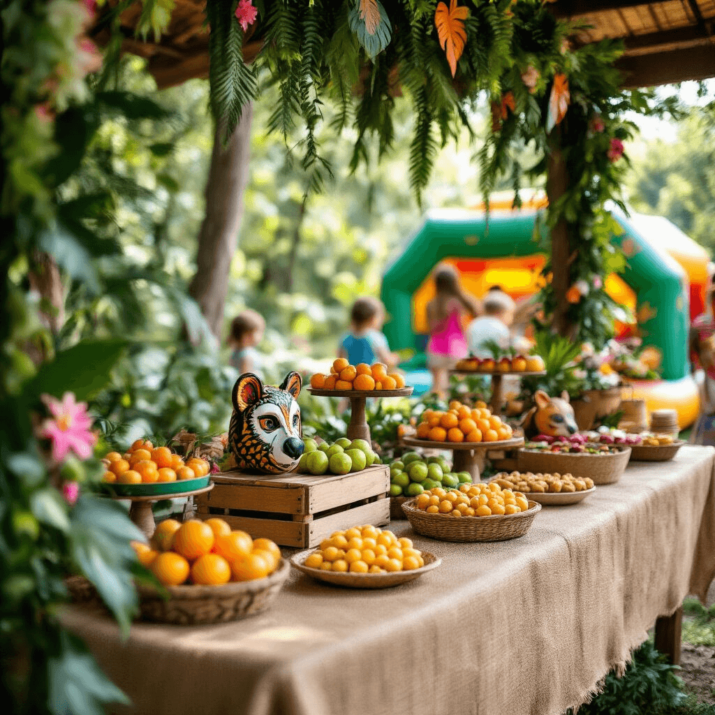 Ultimate Guide to Bounce House Birthday Parties: Creating Unforgettable Kids' Celebrations A vibrant jungle-themed bounce house party setup featuring a burlap tablecloth adorned with wooden crates of tropical fruits and snacks, surrounded by lush greenery, exotic flowers, and playful animal masks, with children bouncing in a jungle-inspired inflatable in the background.