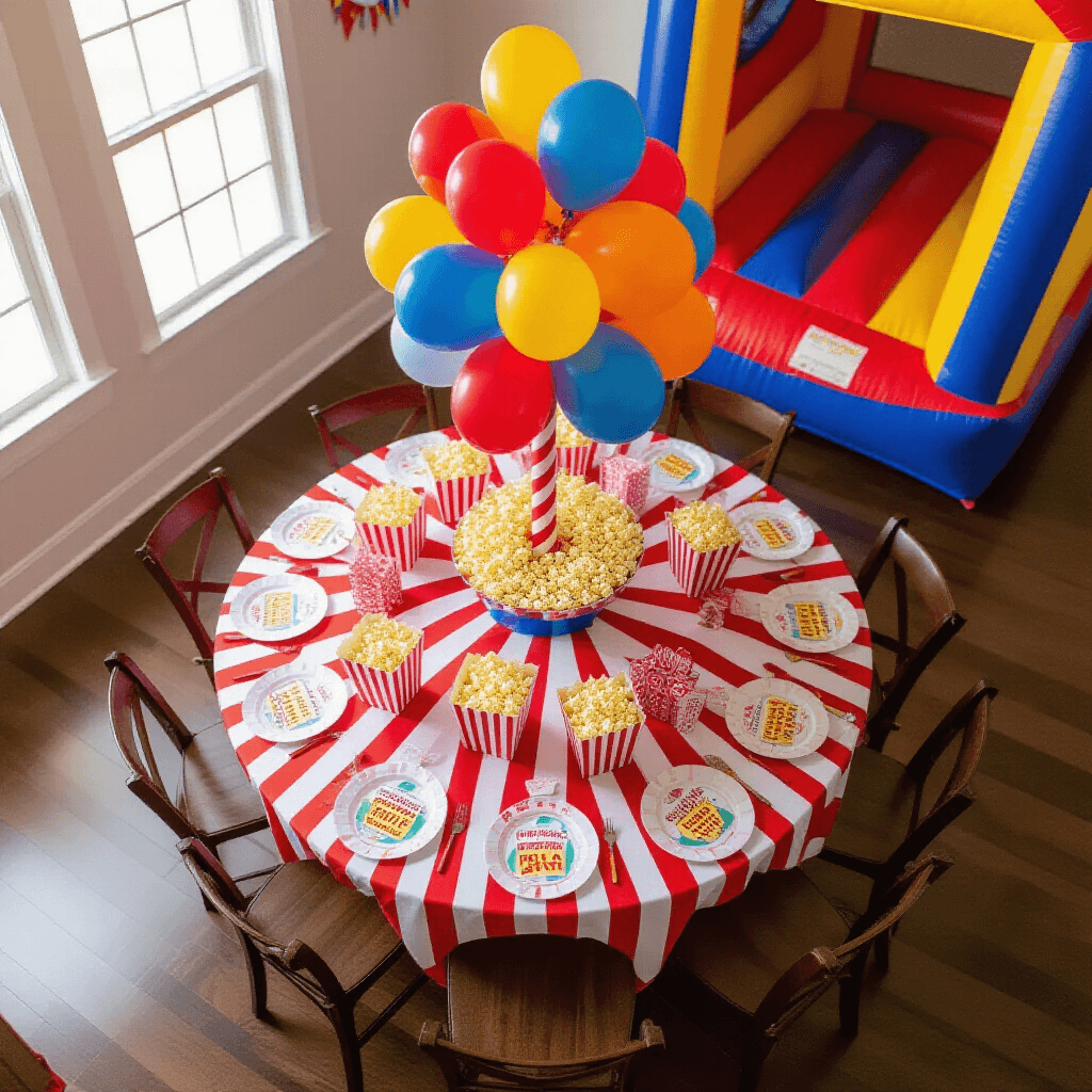 Ultimate Guide to Bounce House Birthday Parties: Creating Unforgettable Kids' Celebrations An overhead view of a vibrant carnival-themed bounce house party featuring a central table with a red and white striped cloth, adorned with colorful balloon centerpieces, surrounded by party favors, popcorn boxes, and carnival games, set against a warm hardwood floor, with a bouncy castle and guests visible at the edges.