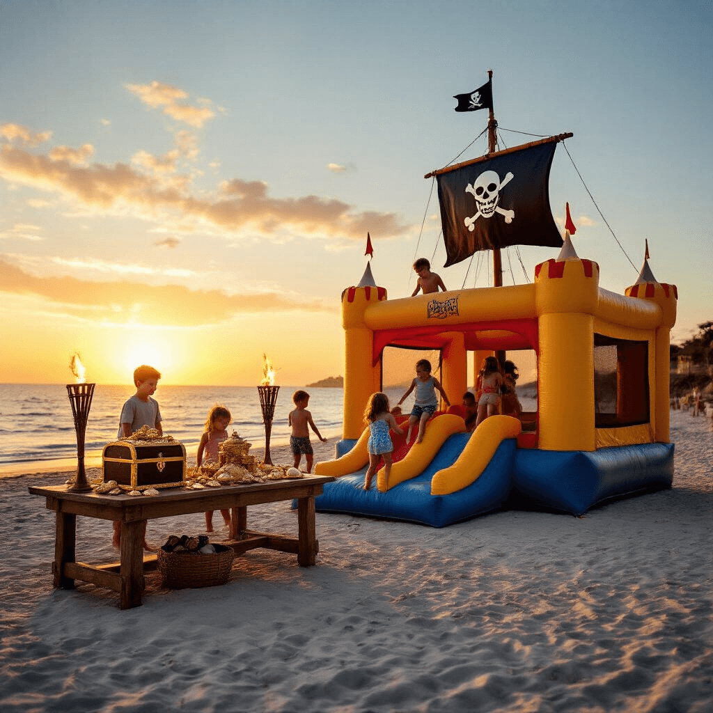 Ultimate Guide to Bounce House Birthday Parties: Creating Unforgettable Kids' Celebrations A vibrant beachfront scene at golden hour featuring a pirate ship-shaped bounce house with children playing, a treasure chest cake on a rustic table, tiki torches flickering, and the sparkling ocean in the background.