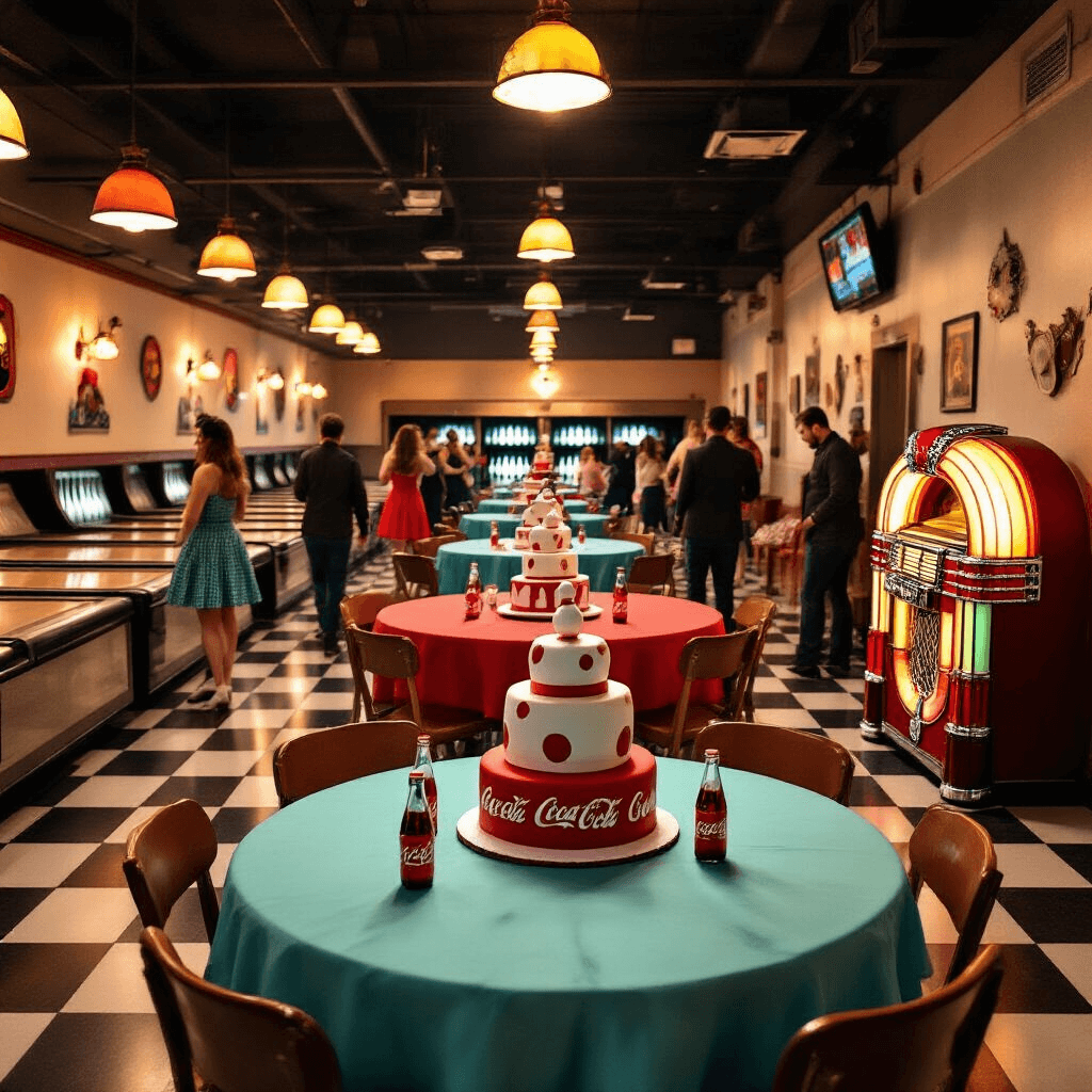Bowling Birthday Party: The Ultimate Guide to a Strike-tastic Celebration A lively retro-themed bowling alley birthday party with checkered floors, polished wooden lanes, vintage decor, and guests in 1950s attire celebrating around tables with bowling pin centerpieces and a tiered birthday cake.