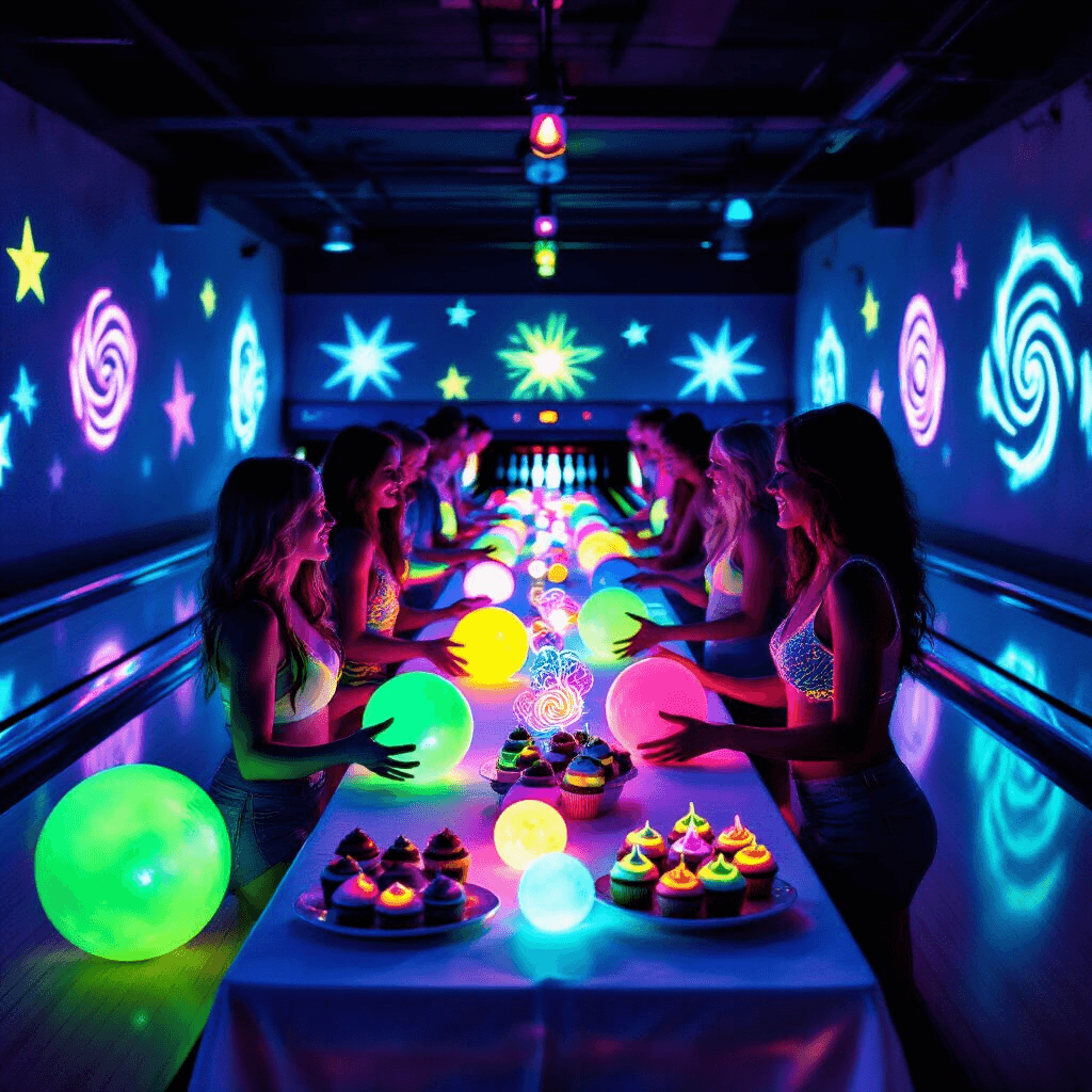 Bowling Birthday Party: The Ultimate Guide to a Strike-tastic Celebration A vibrant neon bowling party scene featuring players in glowing attire striking poses, neon bowling balls in motion, and glowing decor under blacklights, captured from a low angle to highlight the energetic atmosphere.